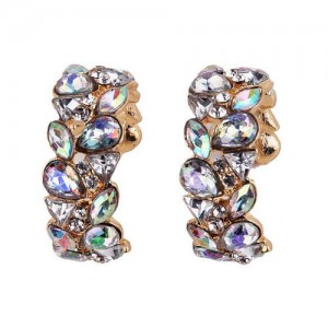 Rhinestone Embellished Leaves High Fashion Shining Costume Earrings