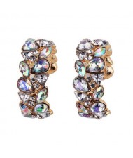 Rhinestone Embellished Leaves High Fashion Shining Costume Earrings