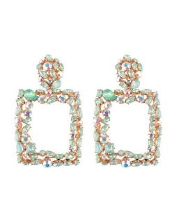 Rhinestone Embellished Square Fashion Costume Statement Earrings - Green