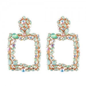 Rhinestone Embellished Square Fashion Costume Statement Earrings - Green