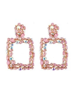Rhinestone Embellished Square Fashion Costume Statement Earrings - Pink