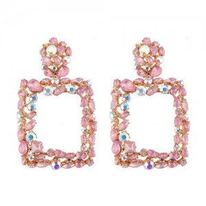 Rhinestone Embellished Square Fashion Costume Statement Earrings - Pink
