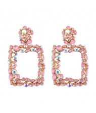 Rhinestone Embellished Square Fashion Costume Statement Earrings - Pink