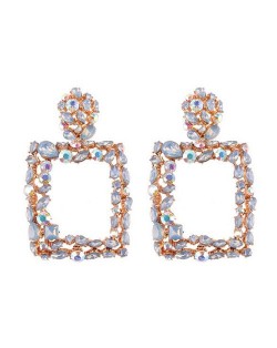 Rhinestone Embellished Square Fashion Costume Statement Earrings - White