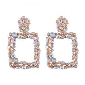 Rhinestone Embellished Square Fashion Costume Statement Earrings - Blue