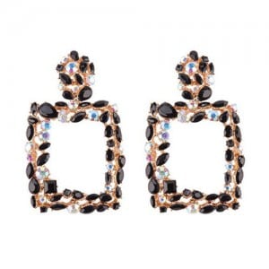 Rhinestone Embellished Square Fashion Costume Statement Earrings - Black