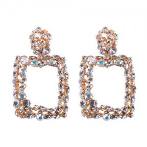 Rhinestone Embellished Square Fashion Costume Statement Earrings - Transparent