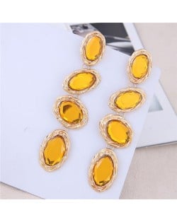 Oval Gem Embellished Dangling Bold Fashion Women Statement Earrings - Yellow