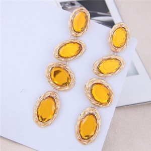 Oval Gem Embellished Dangling Bold Fashion Women Statement Earrings - Yellow