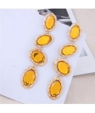 Oval Gem Embellished Dangling Bold Fashion Women Statement Earrings - Yellow
