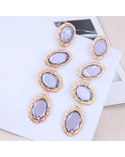 Oval Gem Embellished Dangling Bold Fashion Women Statement Earrings - Blue