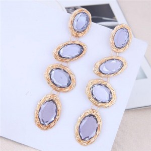 Oval Gem Embellished Dangling Bold Fashion Women Statement Earrings - Gray