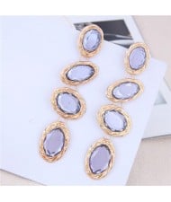 Oval Gem Embellished Dangling Bold Fashion Women Statement Earrings - Gray