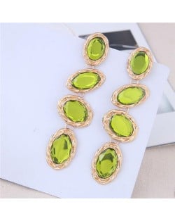 Oval Gem Embellished Dangling Bold Fashion Women Statement Earrings - Green