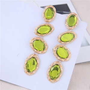 Oval Gem Embellished Dangling Bold Fashion Women Statement Earrings - Green