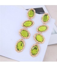 Oval Gem Embellished Dangling Bold Fashion Women Statement Earrings - Green
