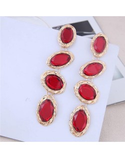 Oval Gem Embellished Dangling Bold Fashion Women Statement Earrings - Red