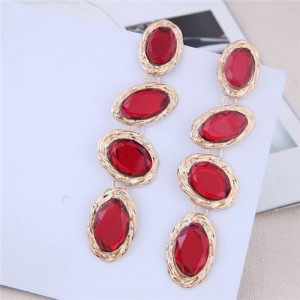 Oval Gem Embellished Dangling Bold Fashion Women Statement Earrings - Red