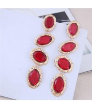 Oval Gem Embellished Dangling Bold Fashion Women Statement Earrings - Red
