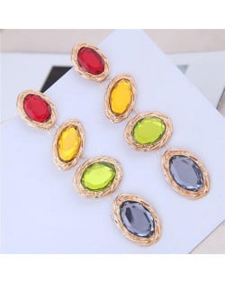 Oval Gem Embellished Dangling Bold Fashion Women Statement Earrings - Multicolor