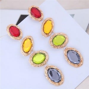 Oval Gem Embellished Dangling Bold Fashion Women Statement Earrings - Multicolor