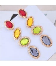 Oval Gem Embellished Dangling Bold Fashion Women Statement Earrings - Multicolor