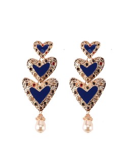 Gems Inlaid Triple Hearts with Dangling Pearl Design High Fashion Earrings - Blue