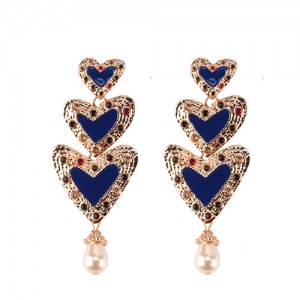 Gems Inlaid Triple Hearts with Dangling Pearl Design High Fashion Earrings - Blue
