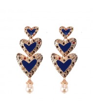 Gems Inlaid Triple Hearts with Dangling Pearl Design High Fashion Earrings - Blue