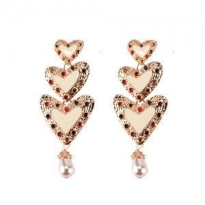 Gems Inlaid Triple Hearts with Dangling Pearl Design High Fashion Earrings - White