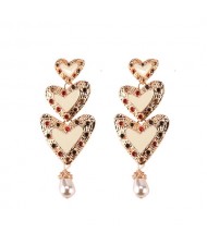 Gems Inlaid Triple Hearts with Dangling Pearl Design High Fashion Earrings - White