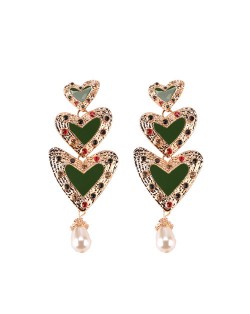 Gems Inlaid Triple Hearts with Dangling Pearl Design High Fashion Earrings - Green
