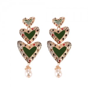Gems Inlaid Triple Hearts with Dangling Pearl Design High Fashion Earrings - Green