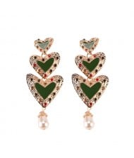 Gems Inlaid Triple Hearts with Dangling Pearl Design High Fashion Earrings - Green