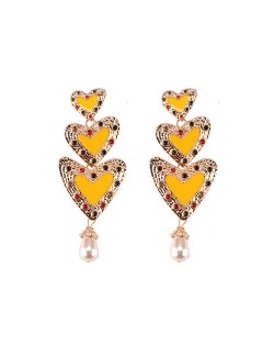 Gems Inlaid Triple Hearts with Dangling Pearl Design High Fashion Earrings - Yellow