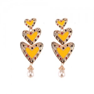 Gems Inlaid Triple Hearts with Dangling Pearl Design High Fashion Earrings - Yellow