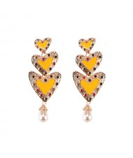 Gems Inlaid Triple Hearts with Dangling Pearl Design High Fashion Earrings - Yellow
