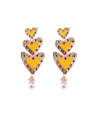 Gems Inlaid Triple Hearts with Dangling Pearl Design High Fashion Earrings - Yellow