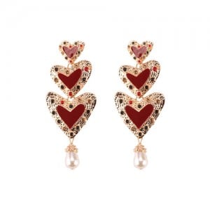 Gems Inlaid Triple Hearts with Dangling Pearl Design High Fashion Earrings - Red