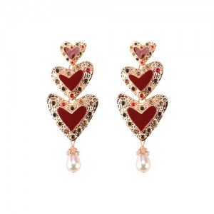Gems Inlaid Triple Hearts with Dangling Pearl Design High Fashion Earrings - Red