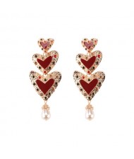 Gems Inlaid Triple Hearts with Dangling Pearl Design High Fashion Earrings - Red
