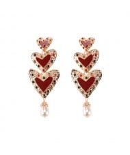 Gems Inlaid Triple Hearts with Dangling Pearl Design High Fashion Earrings - Red