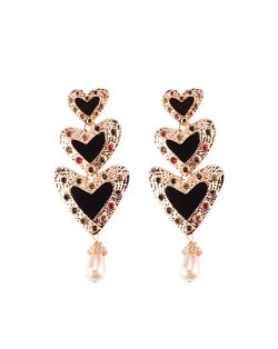 Gems Inlaid Triple Hearts with Dangling Pearl Design High Fashion Earrings - Black