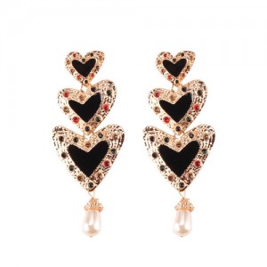 Gems Inlaid Triple Hearts with Dangling Pearl Design High Fashion Earrings - Black