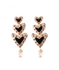 Gems Inlaid Triple Hearts with Dangling Pearl Design High Fashion Earrings - Black