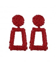 Coarse Texture Floral Geometric Design High Fashion Women Costume Earrings - Red
