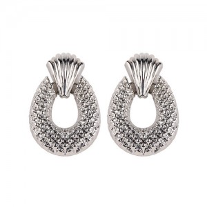 Studs Texture Chunky Hoop Design High Fashion Alloy Earrings - Silver