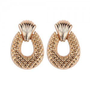 Studs Texture Chunky Hoop Design High Fashion Alloy Earrings - Golden