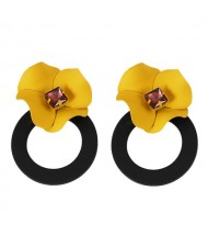 Vintage Yellow Flower Attached Elegant Hoop Design Women Statement Earrings - Black