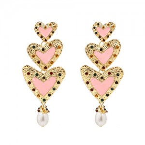 Gems Inlaid Triple Hearts with Dangling Pearl Design High Fashion Earrings - Pink